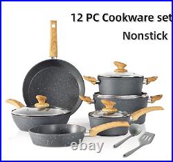 12PCS Nonstick Hammered Granite Grey Kitchen Cookware Cooking Pots Pans Set