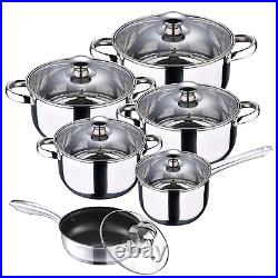 12Pc Stainless Steel Casserole Saucepan Stock Pot Set Kitchen Induction Cookware