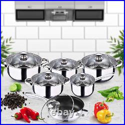 12Pc Stainless Steel Casserole Saucepan Stock Pot Set Kitchen Induction Cookware