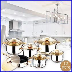 12pc Non-Stick Induction Pan Set Glass Lids Stainless Steel Kitchen Cookware Pot