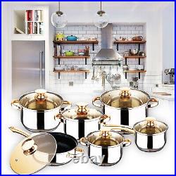 12pc Non-Stick Induction Pan Set Glass Lids Stainless Steel Kitchen Cookware Pot