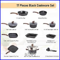 17 Piece Cookware Set Nonstick Kitchen Cooking Pots Black Granite Pots and Pans