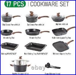 17 Piece Cookware Set Nonstick Kitchen Cooking Pots Black Granite Pots and Pans