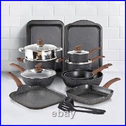 17 Piece Hammered Cookware Set Nonstick Granite Coated Pots and Pans Set Black