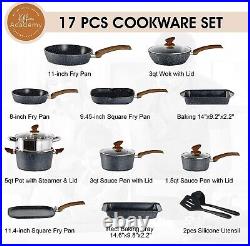 17 Piece Hammered Cookware Set Nonstick Granite Coated Pots and Pans Set Black