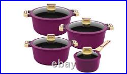 KING Gourmet 8 Pc Cooking Pot Pan Set Ceramic Reinforced Non -Stick, Aubergine