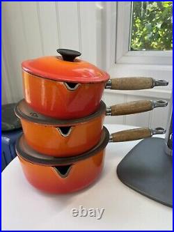 Le Creuset 3 Pan Set Volcanic Orange Cast Iron Saucepans With Lids 16, 18 & 20cm