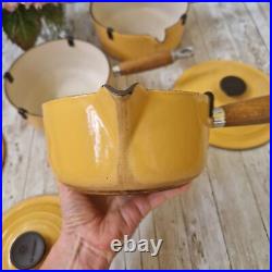 Le Creuset Custard Yellow Vintage Saucepans x 3 With Lids and Wooden Handles
