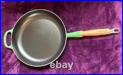 Le Creuset Frying Pan Nearly New Bamboo Green Cast Iron Wood Wooden Handle 28cm