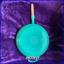 Le Creuset Frying Pan Nearly New Bamboo Green Cast Iron Wood Wooden Handle 28cm