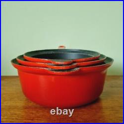 Le Creuset Red Cast Iron Saucepan Pots 18 22 26 Set of 3 Vintage