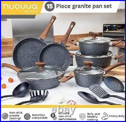 Non-Stick Marble Pots and Pans Kitchen Cookware with Lids, Utensils 15Pcs-Nuovva