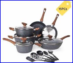 Nuovva Non Stick Pots and Pans Set Marble, 15 Piece Included Utensils Set