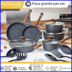 Nuovva Non Stick Pots and Pans Set Marble, 15 Piece Included Utensils Set