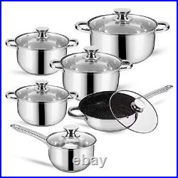 STAINLESS STEEL 12 Pcs INDUCTION HOB CASSEROLE POT COOKWARE SAUCEPAN DINING SET