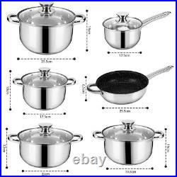 STAINLESS STEEL 12 Pcs INDUCTION HOB CASSEROLE POT COOKWARE SAUCEPAN DINING SET