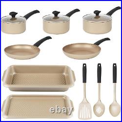 Salter Set 10 Piece Saucepans Frying Pans Baking Trays Utensils Non-Stick Gold