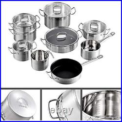 Velaze Cookware Set 14Pc Stainless Steel Pot&Pan Set Induction Safe With Glass lid