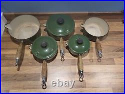 Vintage Le Creuset cast iron 5 pan set green 14 16 18 20 22 +lids wooden handles