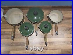 Vintage Le Creuset cast iron 5 pan set green 14 16 18 20 22 +lids wooden handles