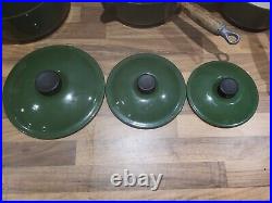 Vintage Le Creuset cast iron 5 pan set green 14 16 18 20 22 +lids wooden handles