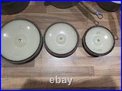 Vintage Le Creuset cast iron 5 pan set green 14 16 18 20 22 +lids wooden handles